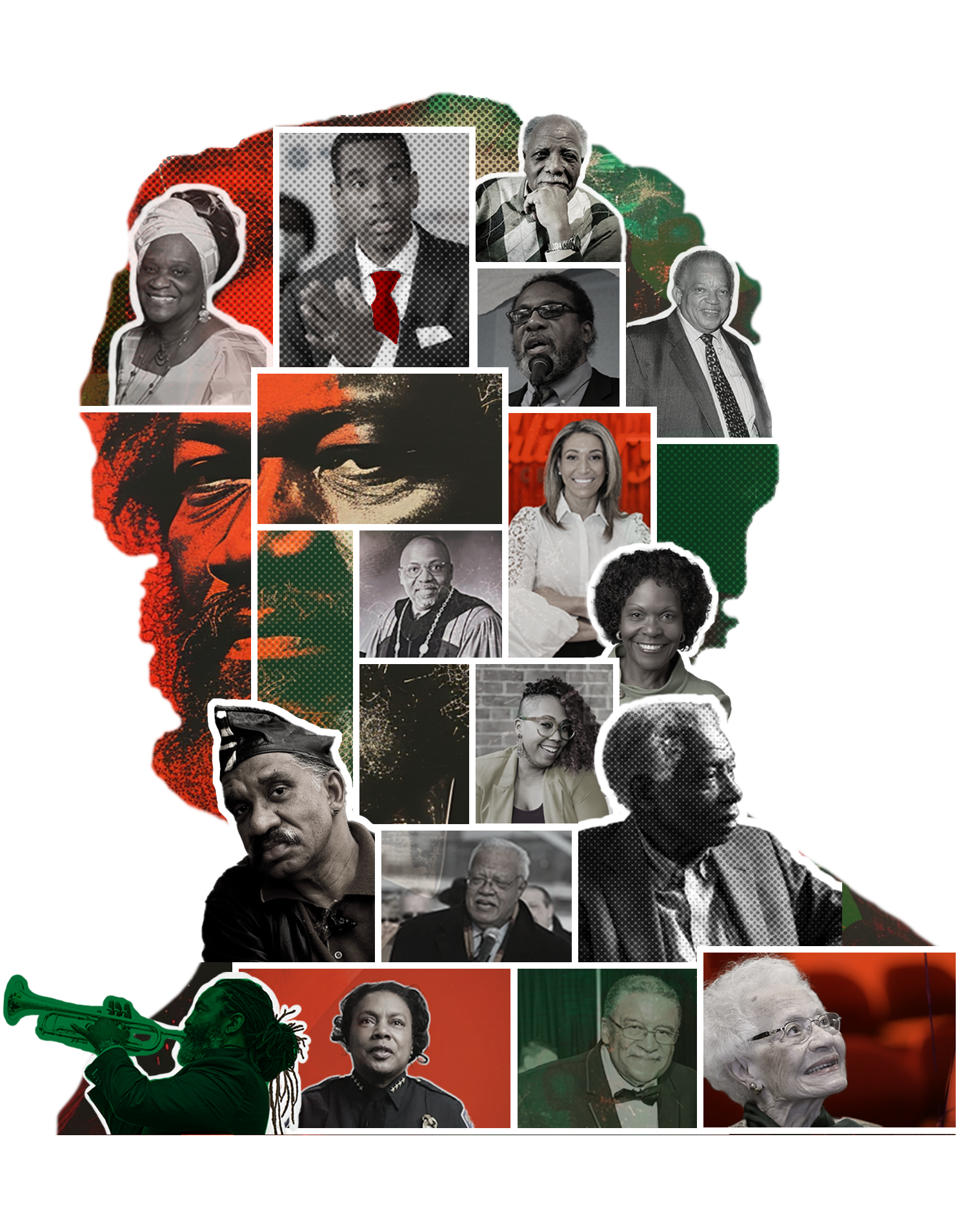 A collage of individuals in the shape of Frederick Douglass' portrait.