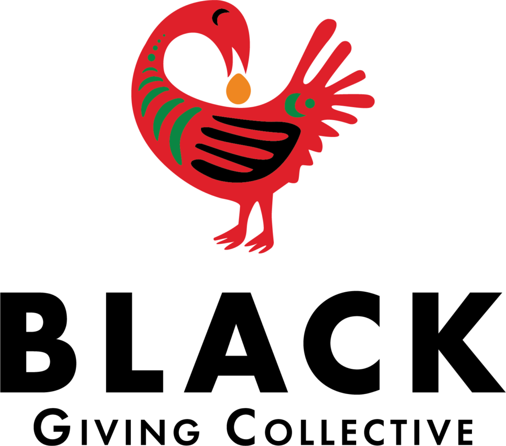 Black giving collective. A red bird grabbing a yellow egg off its back.