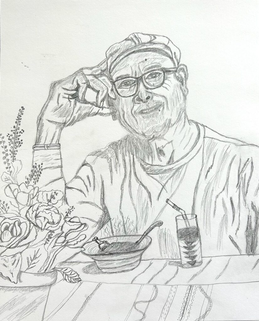 A pencil drawing of a man in front of a bowl and vase of flowers