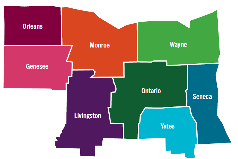 Eight counties in bright colors: Orleans, Genesee, Monroe, Livingston, Wayne, Ontario, Yates, and Seneca.