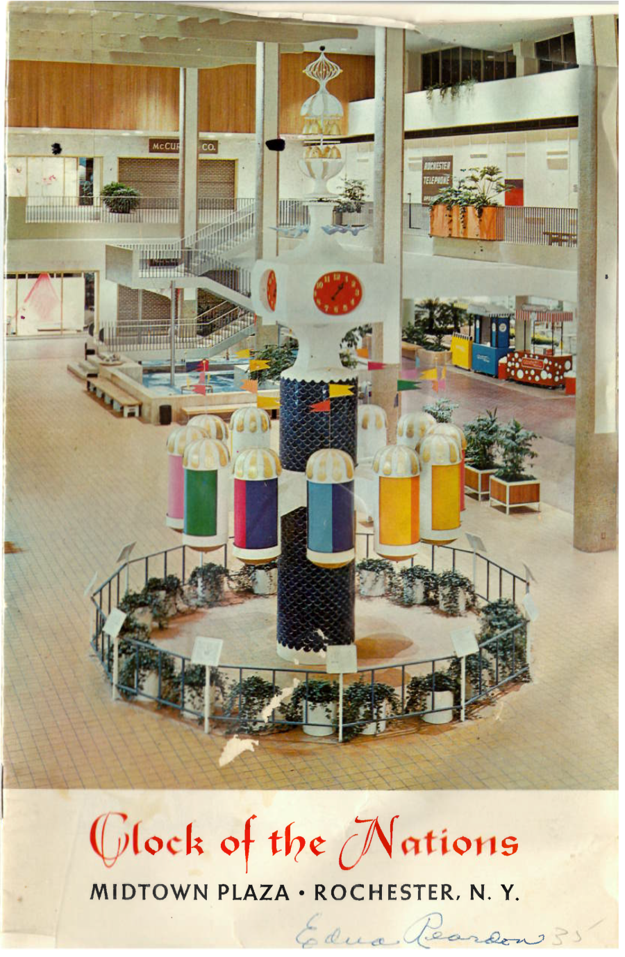 The cover of an aged pamphlet showing the Clock of Nations at Midtown Plaza in Rochester NY
