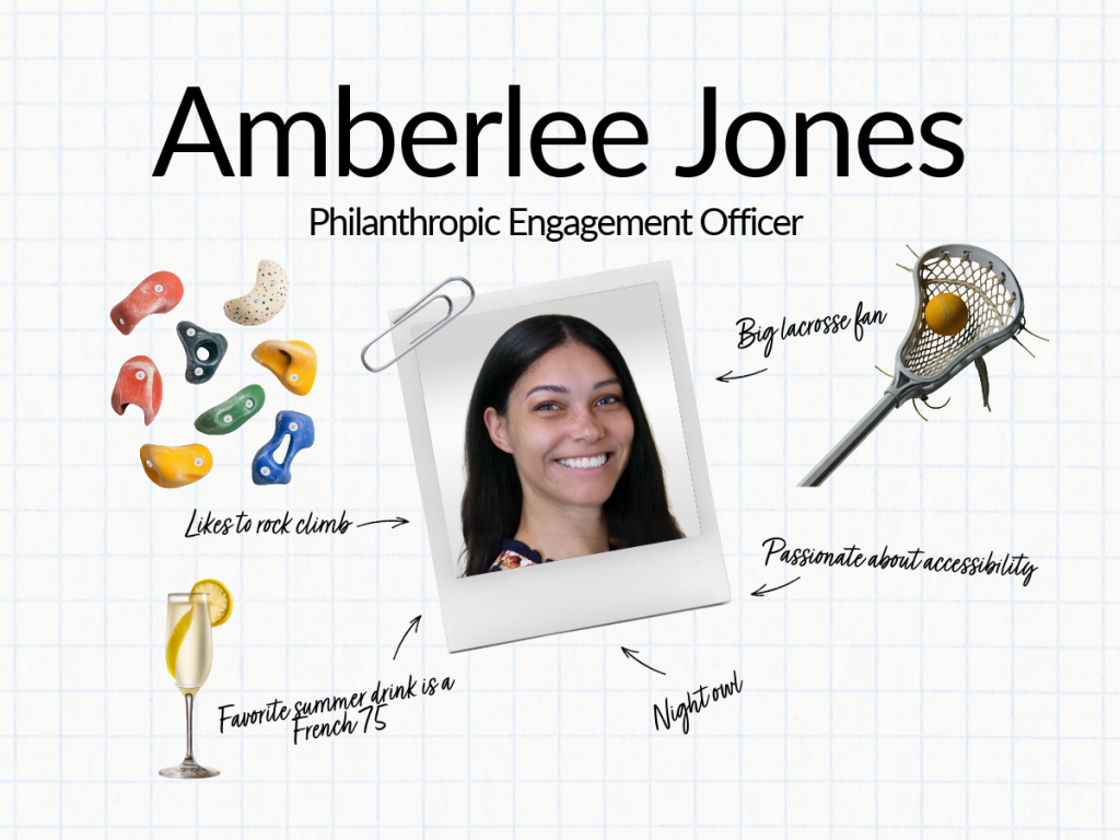 Amberlee Jones, philanthropic engagement officer. Likes to rock climb, favorite summer drink is a French 75, passionate about accessibility, big lacrosse fan, night owl.