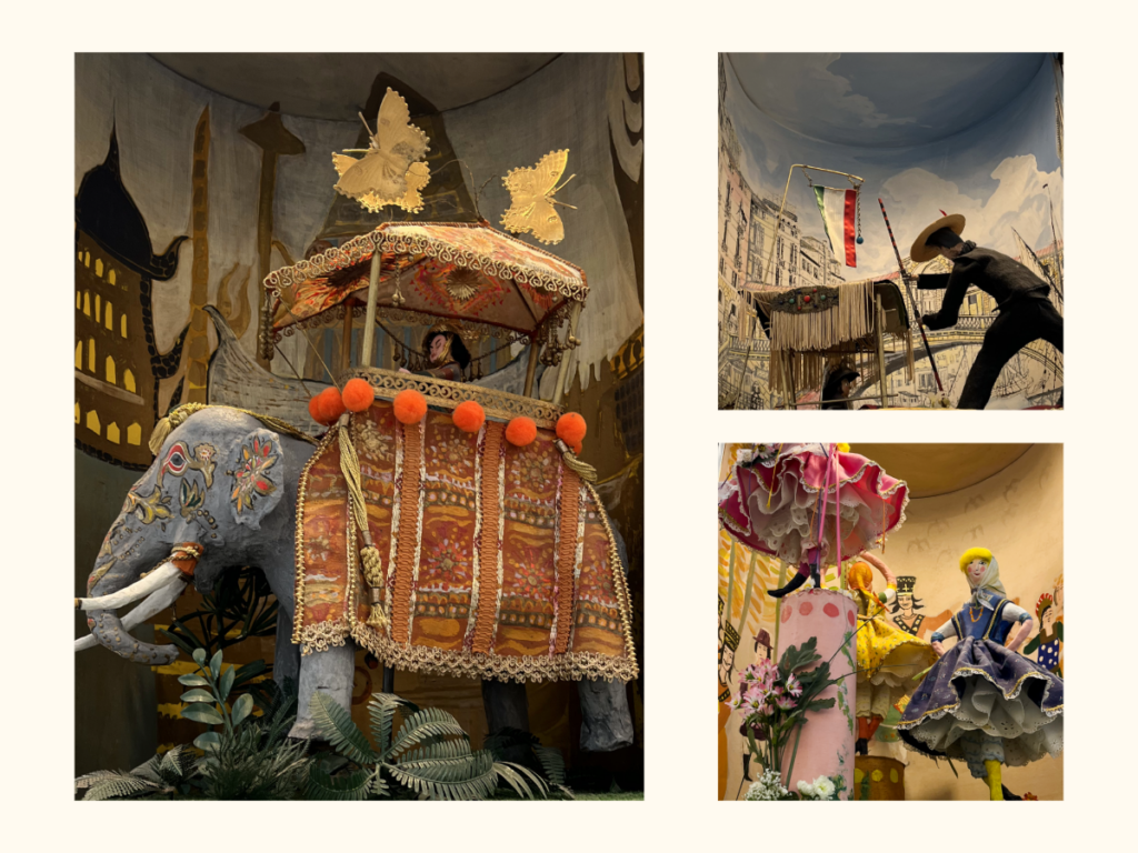 Ornate images of dioramas of the Clock of nations: an elephant with a tapestry, a gondola from Italy, and dancers from Poland