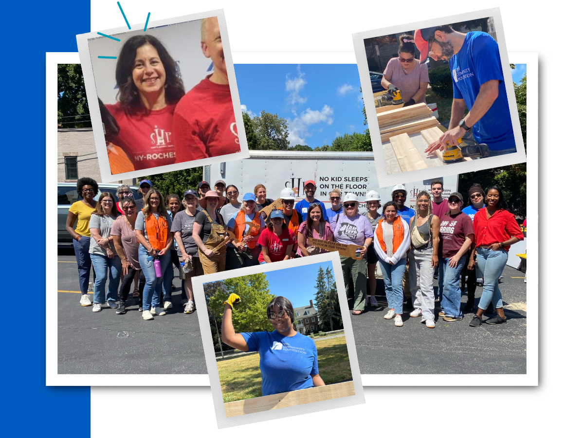 A collage of photos of people building beds, a woman in a red shirt that says Sleep in Heavenly Peace