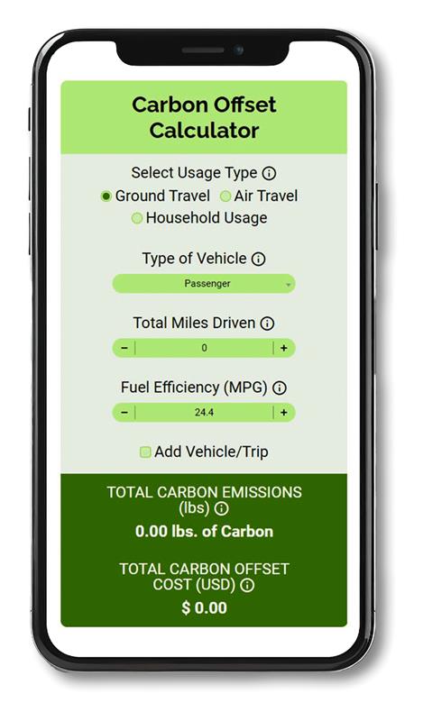 Carbon offset calculator with inputs for type of vehicle, total miles drive, fuel efficiency and more.