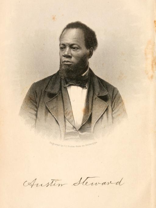 A portrait of abolitionist Austin Steward in black and white in a three piece suit and bowtie looking off to the side on old stained paper.