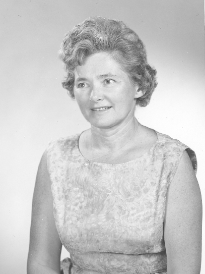 A black and white photo of Mary Elizabeth Conlon in a dress.